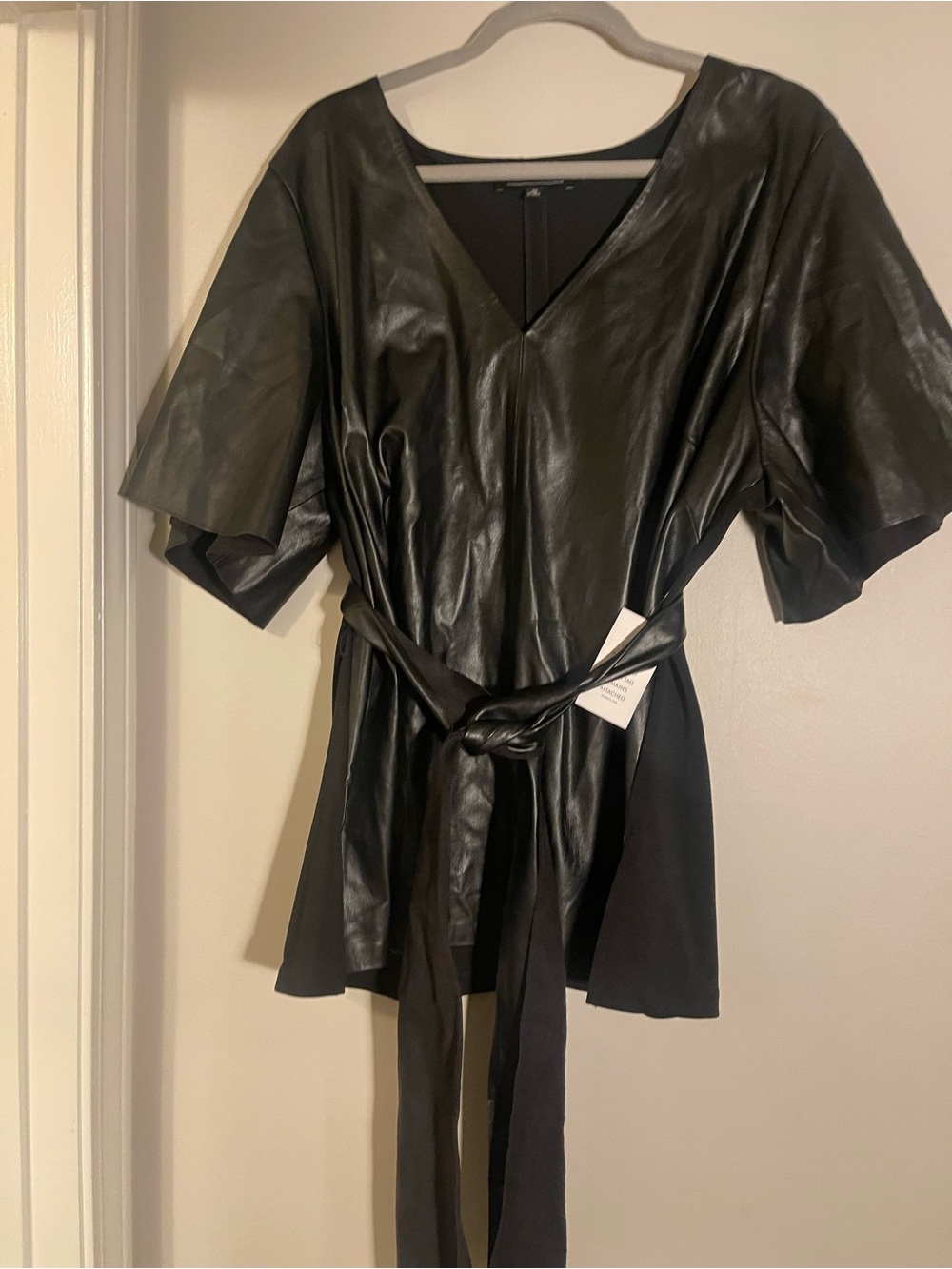 Black Faux-Leather Belted V-Neck Jacket